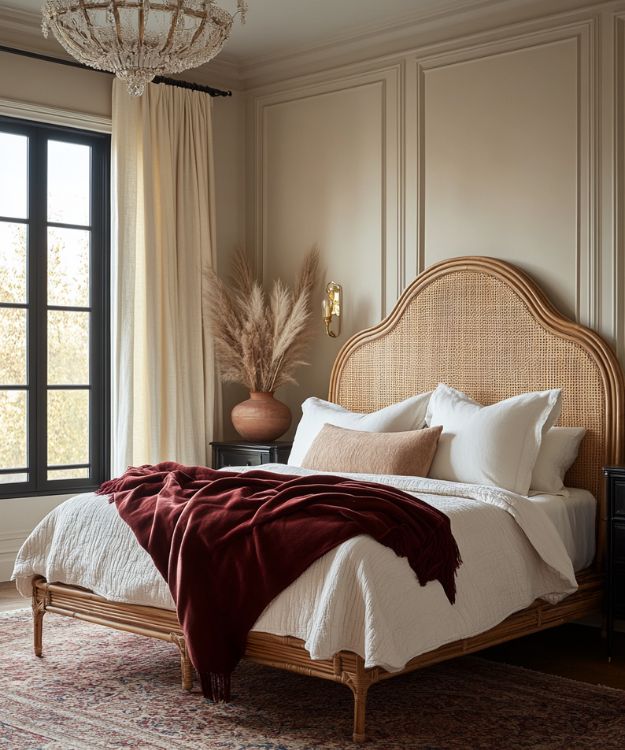 boho bedroom with rattan bed