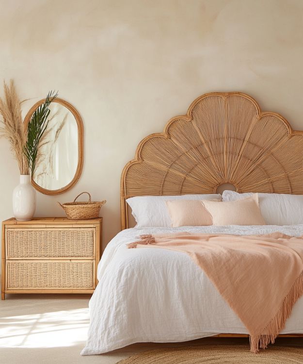 boho rattan bed and bedside table