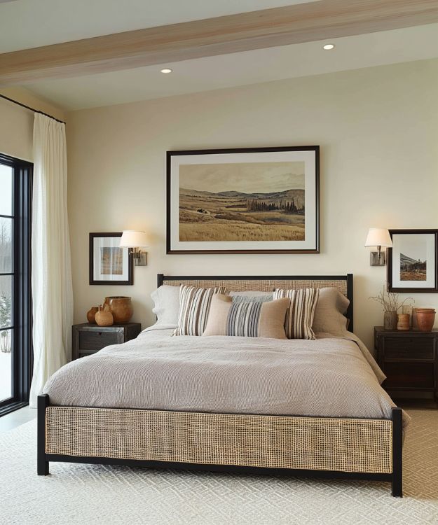 farmhouse bedroom with rattan bed