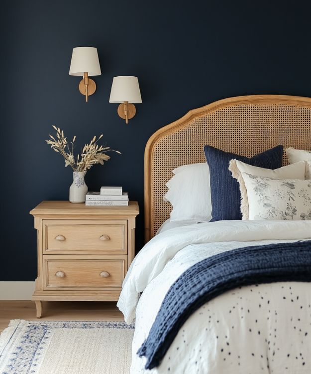 nautical bedroom with rattan bed