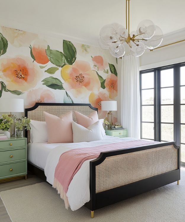 rattan bed with floral wallpaper in bedroom